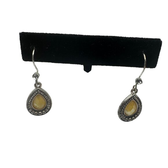 Avon Yellow Teardrop Dangle Earrings Silver Tone Vintage Look Jewelry - Picture 4 of 6